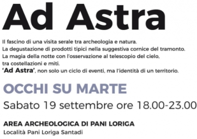 Santadi. S&agrave;budu 19 de cabudanni s&rsquo;&ugrave;rtimu at&ograve;biu cun su ciclu de eventus &ldquo;Ad Astra&rdquo; in s&rsquo;&agrave;rea archeol&ograve;gica de Pani-L&ograve;riga.