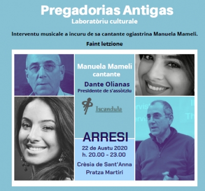 Arresi. Labborat&oacute;riu musicali &ldquo;Pregadorias Antigas&rdquo;.  22 de Austu 2020, in sa cr&eacute;sia de Sant'Anna, in pratza M&agrave;rtiri, a is 20.00.